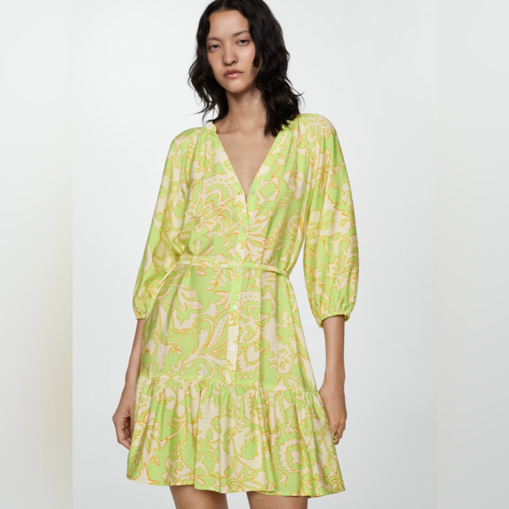 Mango Long Sleeve Floral Dress in Yellow and Green